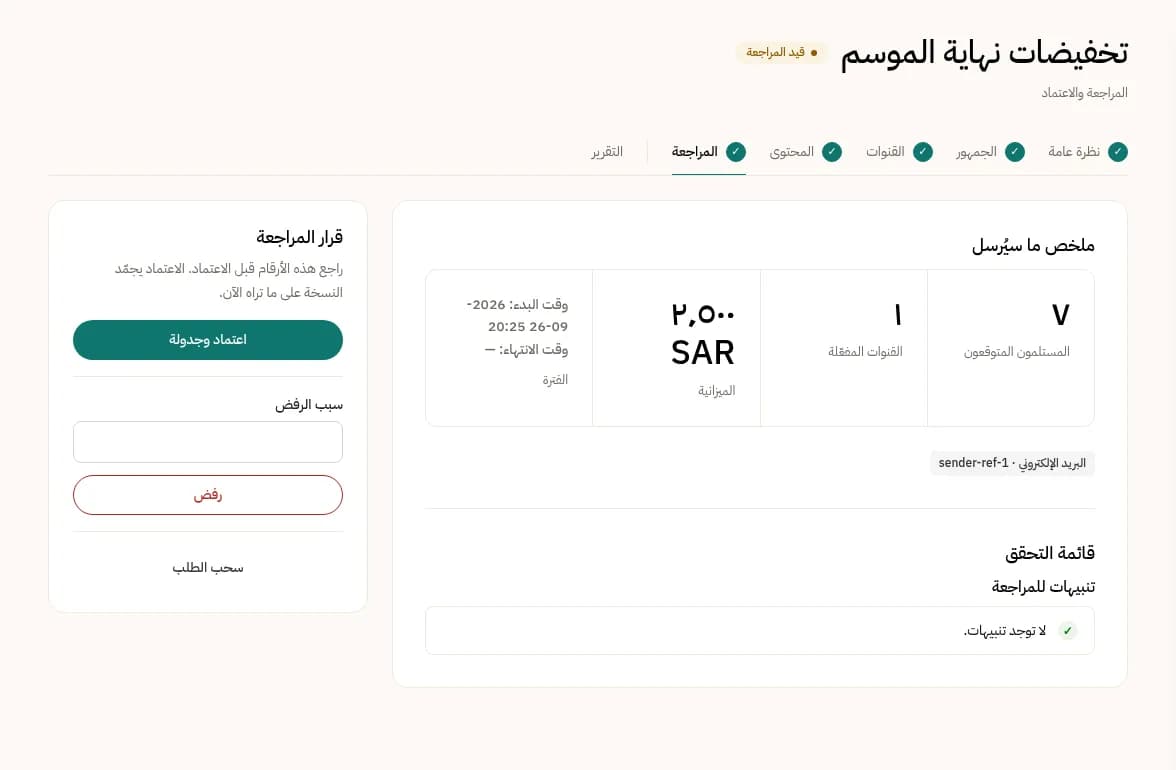 شاشة مراجعة الحملة: ملخص ما سيُرسل وقرار الاعتماد.